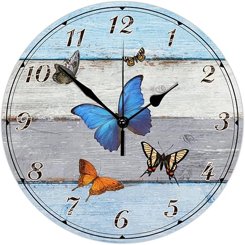 Reloj de pared clásico azul rojo rosa dorado mariposas voladoras reloj de madera vintage sin tictac silencioso funciona con pilas elegante reloj de
