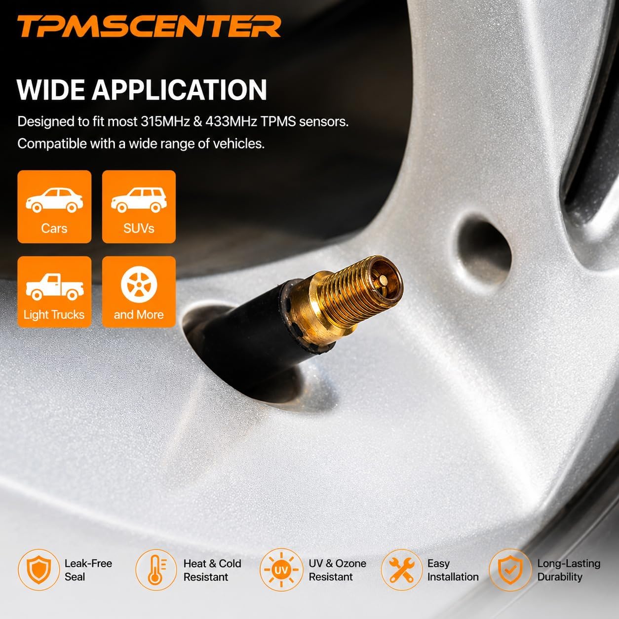 TPMS Snap-in Valve Stems 17-20008/20018, EPDM Rubber Replacement Tire Valves for TPMS Sensors, Fits 0.453" Rim Hole, Compatible with GM Ford Chevy Dodge Buick Chrysler Cadillac