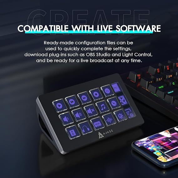 AKP153 Studio Deck, Stream Controller, 15 Macro Keys, Trigger Actions in Apps and Software Like OBS, YouTube, Twitch, Custom Console for Photo and Video Editing, Live Streaming, PC/Mac (Black)