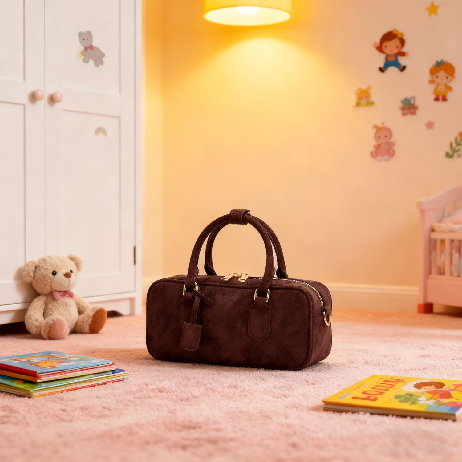 Faux Suede Crossbody Bags for Women,Fall and Winter Handbags purse, Stylish Compact Design Shoulder Barrel Bag - Image 2