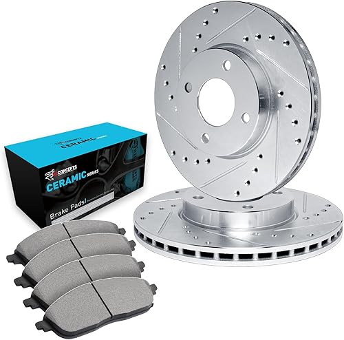 R1 Concepts Frenos delanteros y rotores | Rotores de freno ranurados perforados | Kit de pastillas de freno y rotores de cerámica delanteros| Kit de