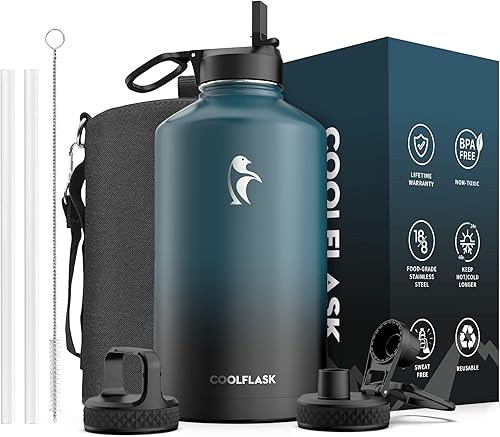 Miniatura 30 de Coolflask - Botella de agua de 64 onzas, aislada, con popote y 3 tapas, con diseño Galaxy, de acero inoxidable al vacío, mantiene las bebidas frías