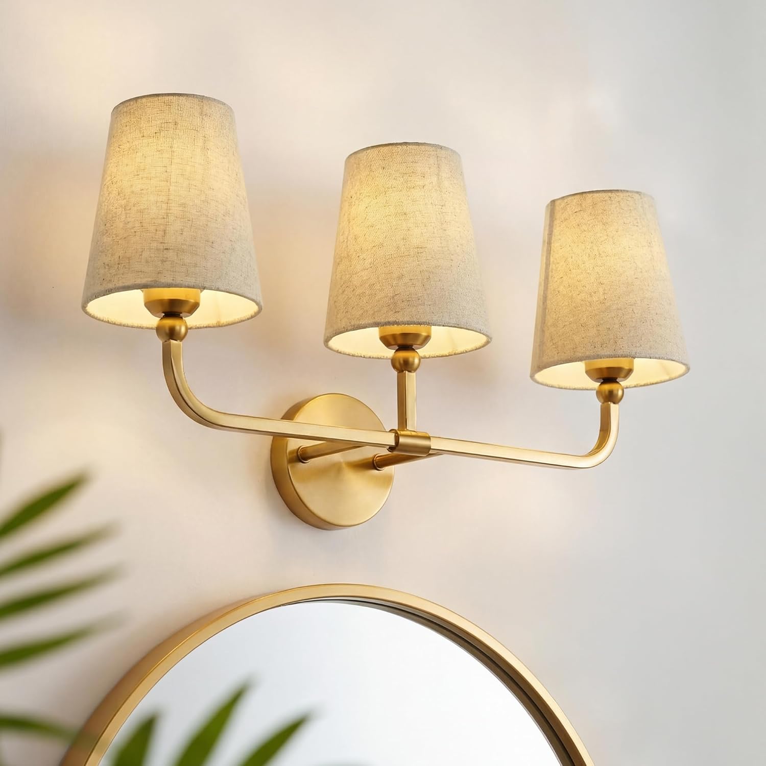 3-Light Bathroom Light Fixtures, Brushed Gold Vanity Lights with Brown Fabric Shade, Modern Sconces Wall Lighting for Hallway Bedroom, Upward Lighting, VL837-BG-L-3