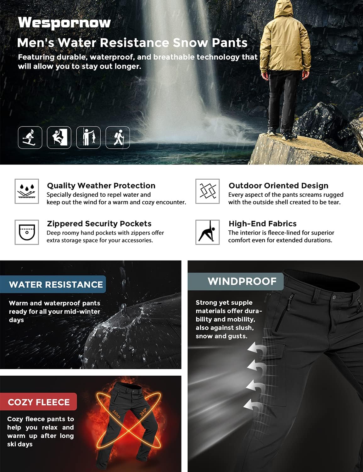 Wespornow Men's-Fleece-Lined-Hiking-Pants Water-Resistance-Snow-Ski-Pants Softshell Snowboarding Pants for Winter, Outdoor - Image 4