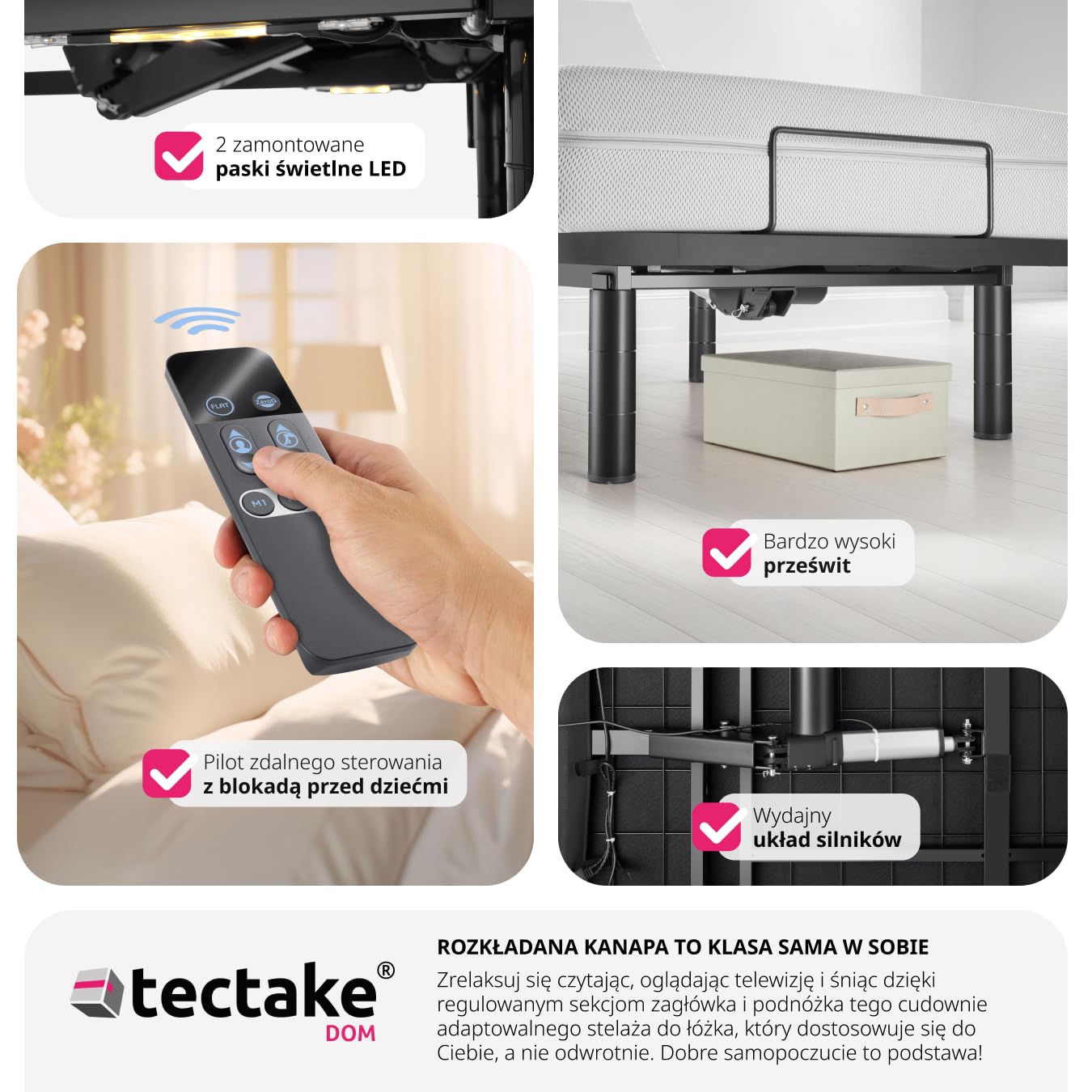 tectake® Elektryczny Stelaż do Łóżka, z Dwoma Mocnymi i Cichymi Silnikami, Regulacja Oparcia i Podnóżka, Sterowanie Pilotem, Wytrzymała Stalowa Konstrukcja, Nogi z Regulacją Wysokości, 90 X 200 cm