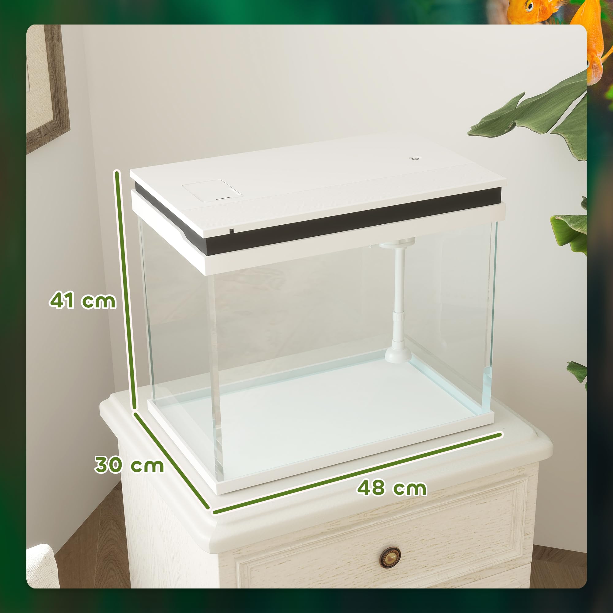 PawHut Aquarium 41L Einsteigerbecken mit LED-Beleuchtung, Eingebautem Filtersystem, Pumpe, 48 x 30 x 41 cm Glasbecken Fischbecken für Fische und Wasserpflanzen Weiß