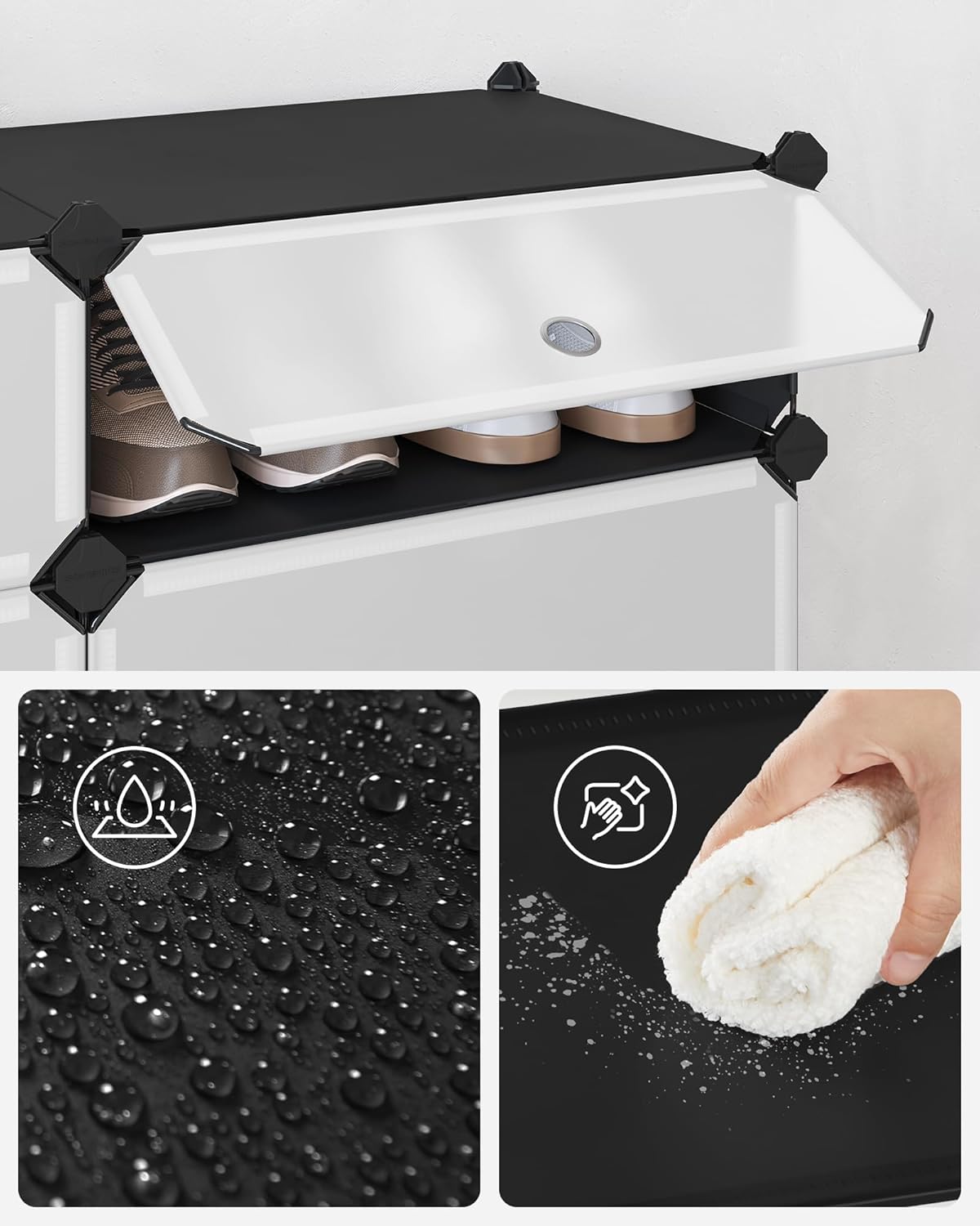 Close-up showing waterproof surface and cleaning with a cloth