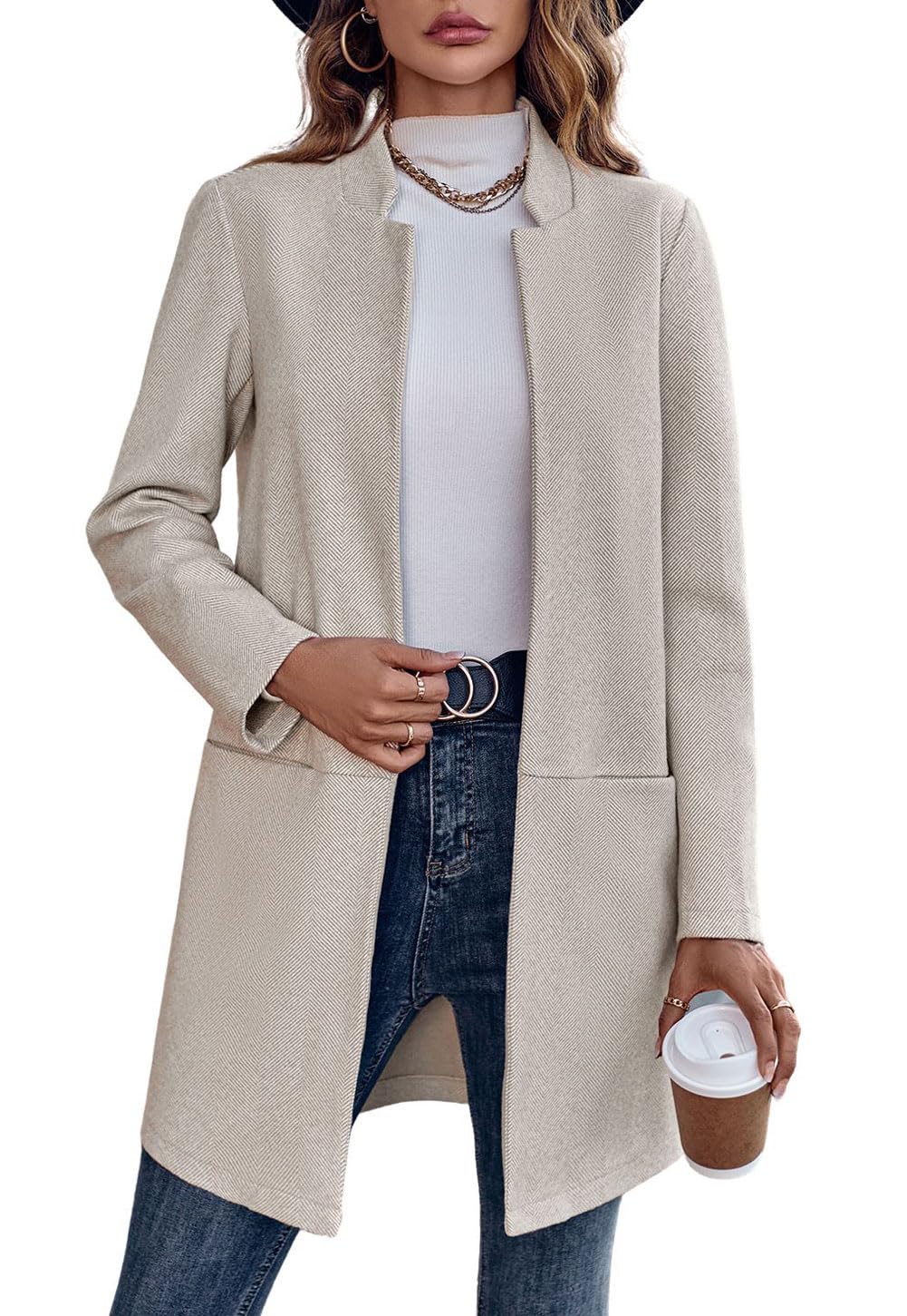 CHARTOU Women Winter Open Front Long Blazer Jacket Herringbone Wool Blend Business Casual Work Pea Coat