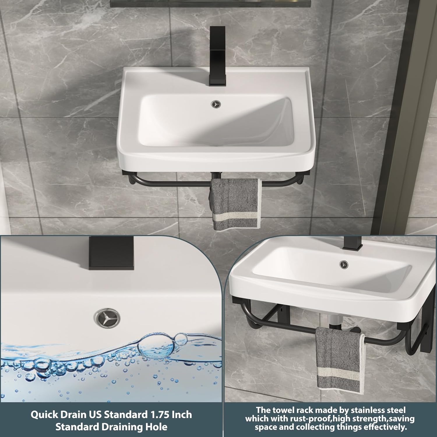 Wall Mount Rectangular Vessel Sink with Towel Rack, 19.69x14.17 Inch Modern Ceramic Bathroom Floating Sink, White Rectangle Bathroom Sink with Overflow, Wall Hung Wash Hand Basin