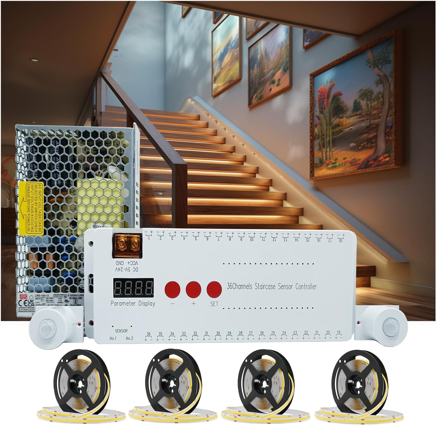 Motion Triggered LED Stair Lights Indoor, 40" Cuttable Motion Sensor COB LED Strip Light Kit with 9 Modes Ideal for Indoor Step Lights(Warm White 3000K, 16 Stairs)