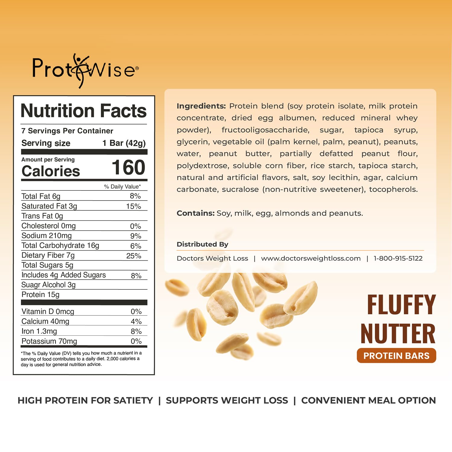 ProtiWise Fluffy Nutter Protein Bars | 15g Protein, 7g Fiber | Low Sugar, Low Carb | Gluten Free | Keto Friendly Hunger Control Meal Replacement Weight Loss Bar | Pack of 12 (7 Bars/Box)