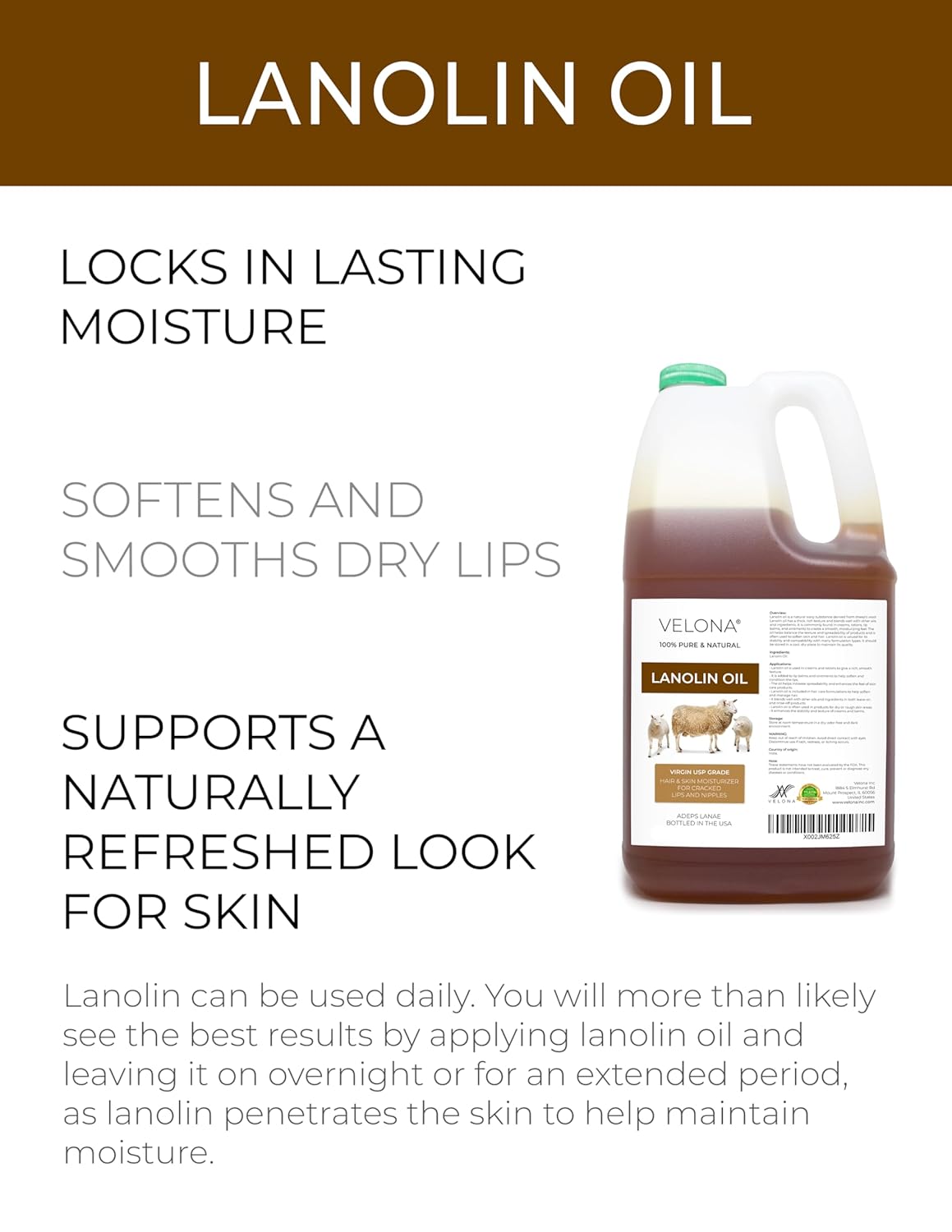 velona Lanolin Oil USP Grade 7 lb | 100% Pure and Natural Carrier Oil | Refined, Cold pressed | Skin, Hair, Body & Face Moisturizing | Use Today - Enjoy Results