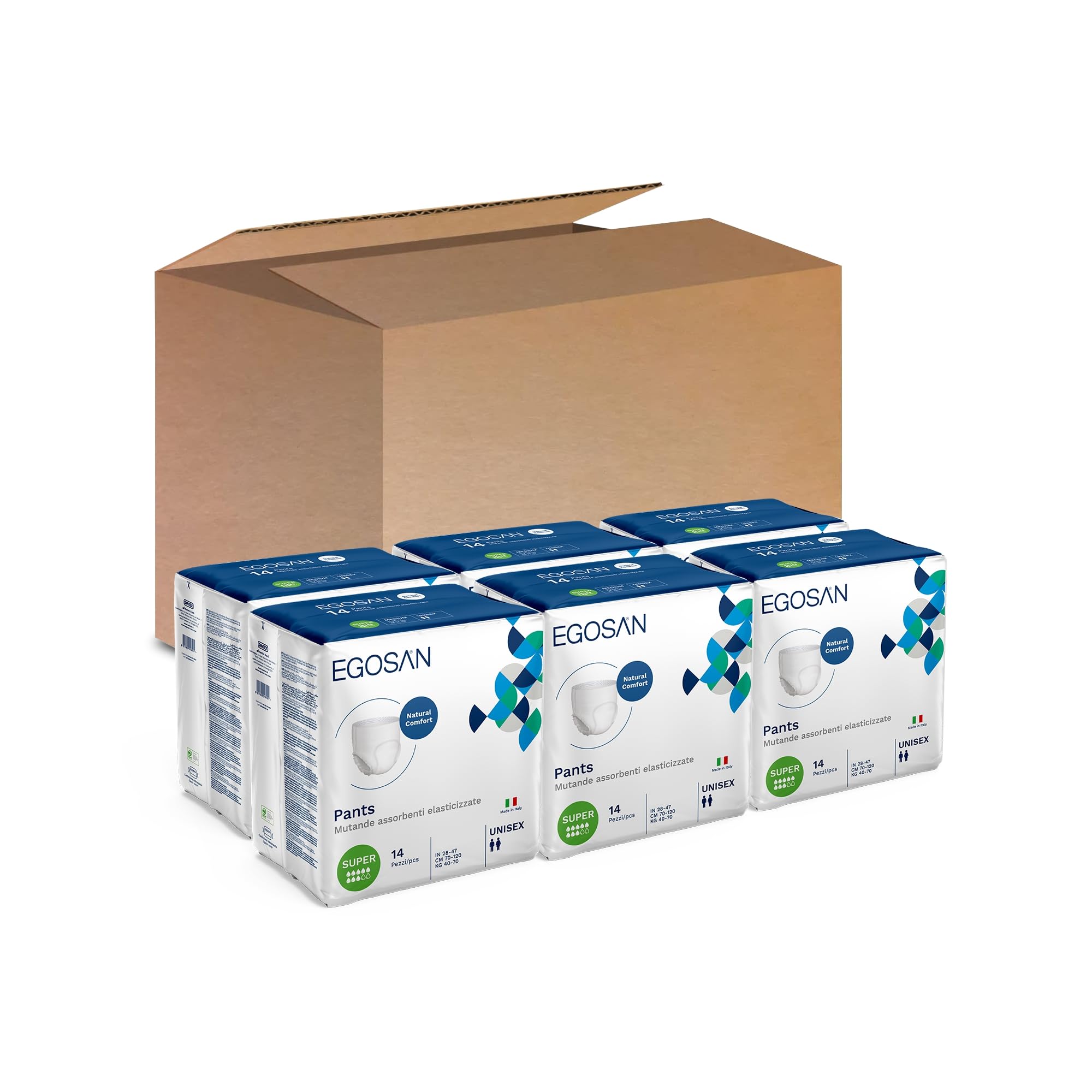 Egosan Windelhose Super Vorratspackung 6 Packungen à 14 Stück, Dehnbare, Saugfähige Nachthose für Schwere Inkontinenz, Voller Schutz, Gute Passform, Anti-Geruchs-System, Hypoallergen, Unisex, Größe L