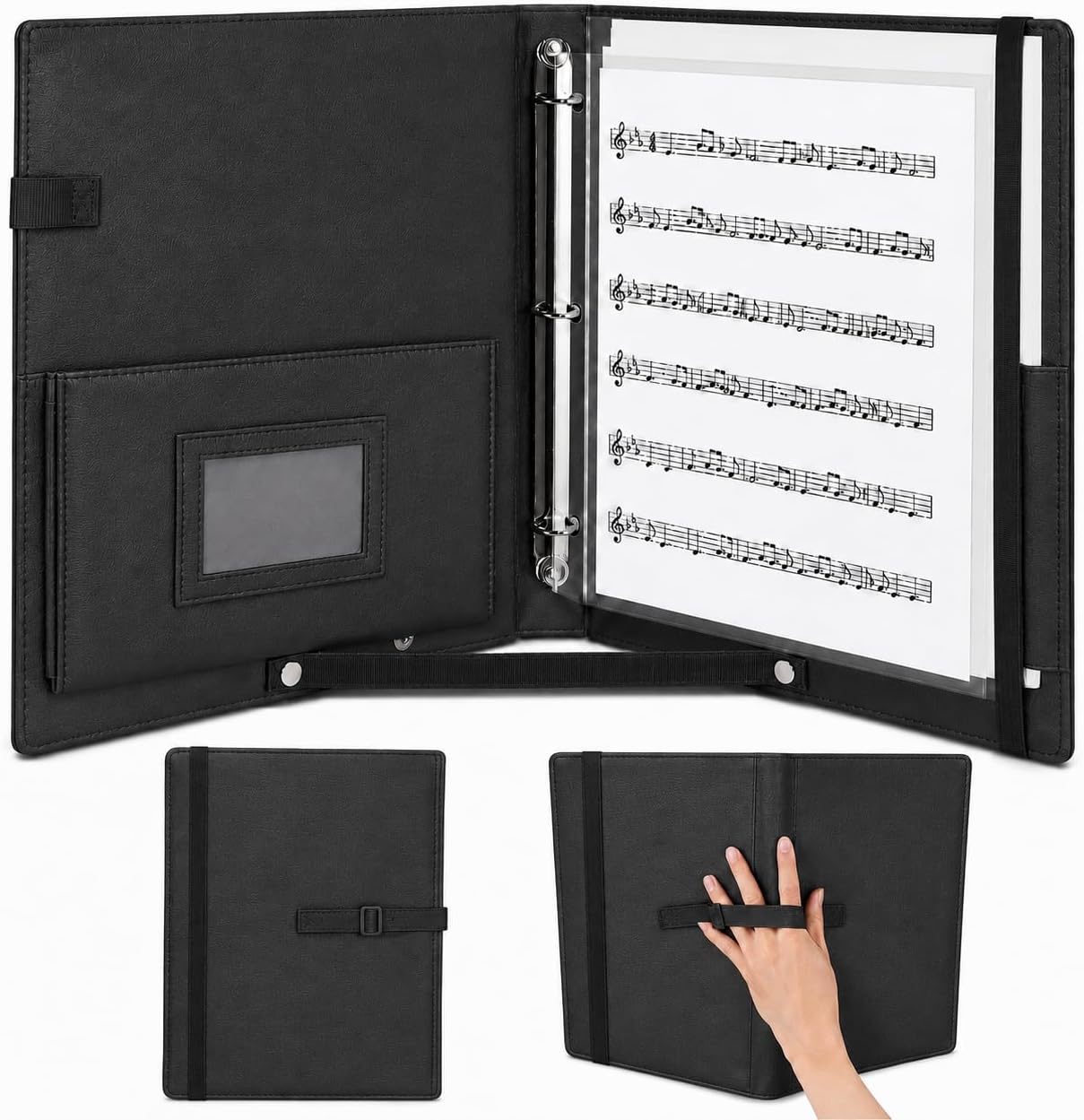 Sheet Music Binder 3 Ring for Choir, Choral Music Folder with Hand Strap & Pockets, Organizes Letter Size 8.5" x 11" & A4 Sheets, Organizer for Performances,Concerts & Band, Black