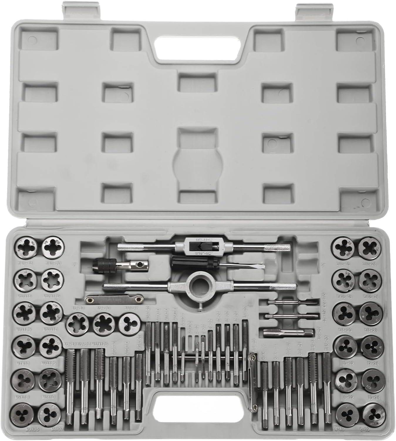 HARFINGTON 60pcs Metric SAE Tap and Die Set M3-M12 4-40-1/4-28 Rethreading Tapping Tool Kit Screw Thread Taps Dies Wrench Handle Stock Holder with Storage Case for Male & Female Threading
