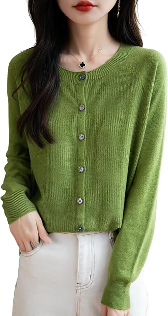 Womens Merino Wool Blend Cardigan Crew Neck Fall Winter Long Sleeve First-Line Ready to Wear Seamless Knit