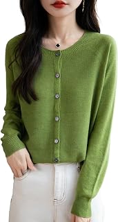 Women's Merino Wool Blend Cardigan Crew Neck Fall Winter Long Sleeve First-Line Ready to Wear Seamless Knit
