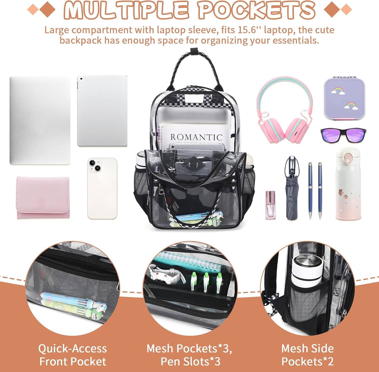 MOONBABY Small Clear Backpack for School Transparent Bookbag for Kids Heavy Duty PVC See Through Backpack Stadium Approved