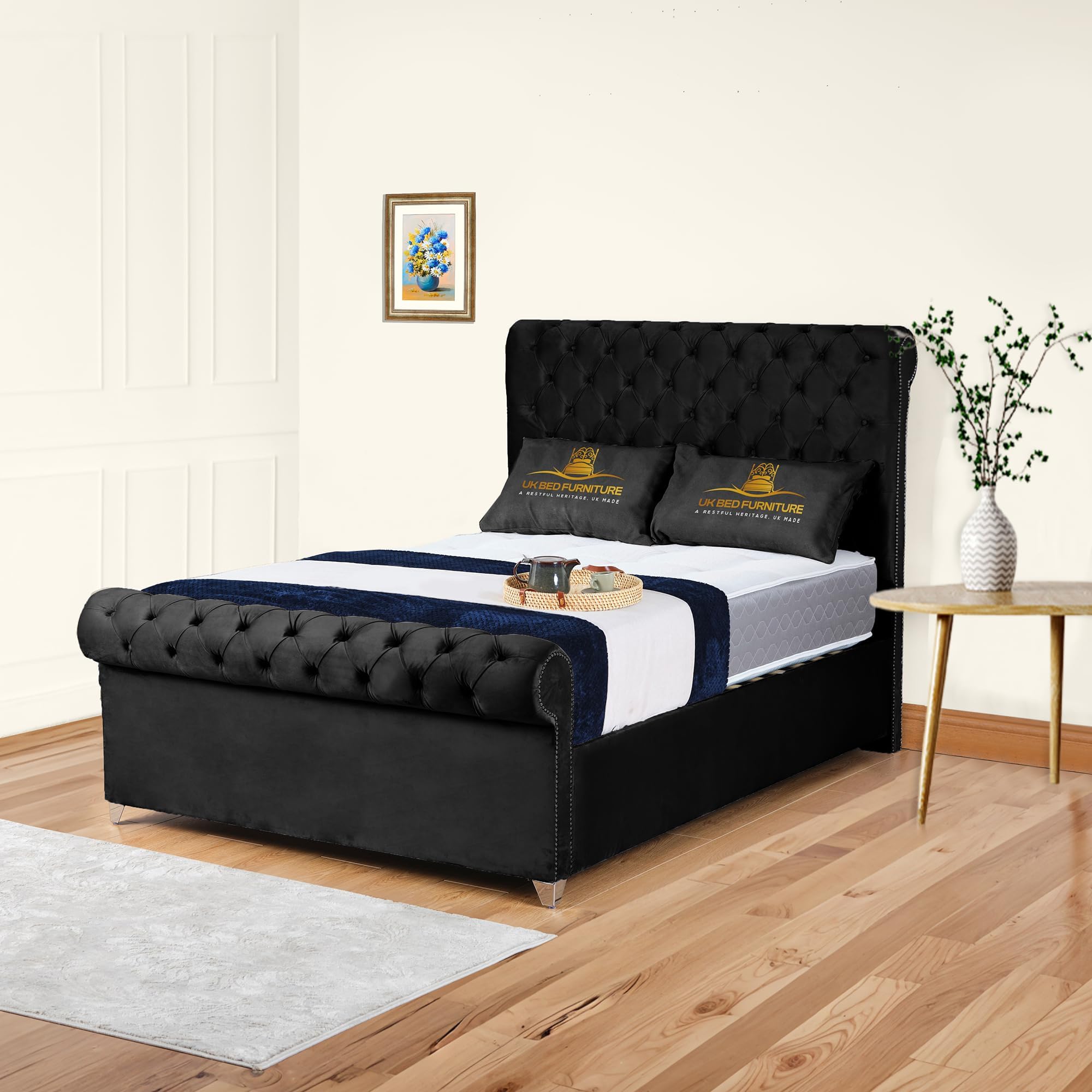 Plush Velvet Arcade Sleigh Upholstered Bed Frame with Tufted Headboard & Footboard | Optional Gas Lift Storage with Optional Mattress (Black, 5FT King - Gas Lift Storage - No Mattress)