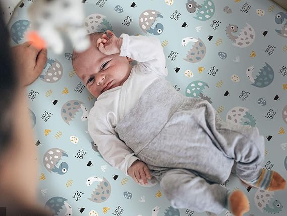 GRSSDER Stretchy Ultra Soft Jersey Knit Fitted Pack n Play Sheets Set 2 Pack, Portable/Mini Crib Sheets for Boys, Universal Fit for Pack N Plays Safe and Snug, Happy Dinosaurs for Baby