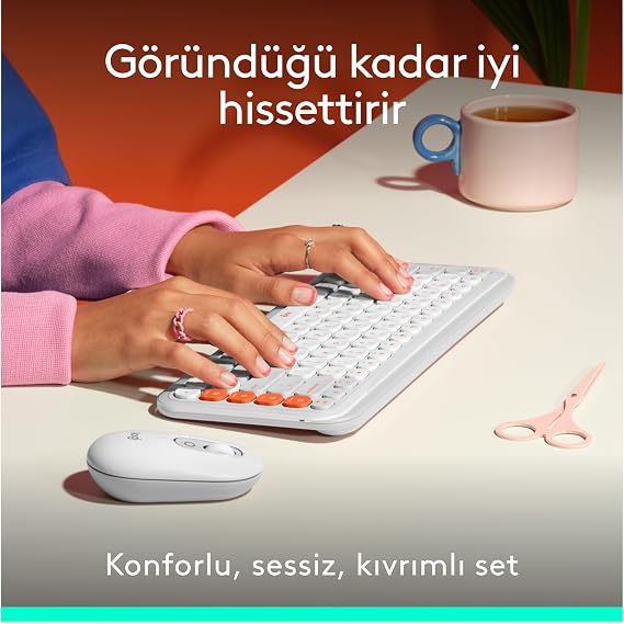 Logitech POP ICON COMBO Wireless Keyboard and Mouse Set, Bluetooth, Comfortable Design, Programmable Keys, Silent Clicks, Easy-Switch for Up to 3 Devices, Turkish Q Keyboard, White