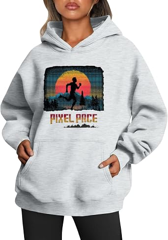 Womens Long Sleeve Loose Fit Hooded Sweatshirts Fall Hoodies Simple Cute Graphic Print Clothes with Front Pocket 2025
