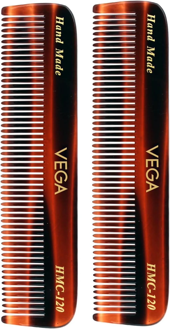 - VEGA Handcrafted Pocket Hair Combfor Men & Women, Detangling, Daily Grooming | Made from Cellulose Acetate Non-petroleum Based Material from Plant, Set of 2, (India's No.1* Hair Comb Brand, VC2HMC-120)
