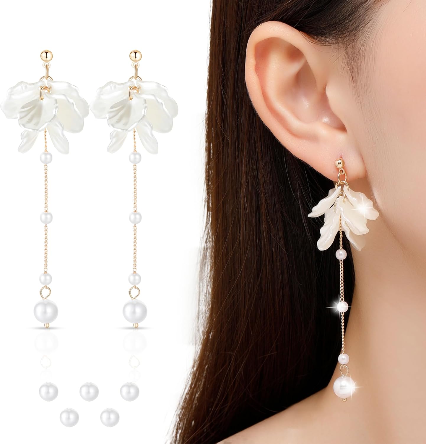 KRUCKEL Flower Dangle Earrings for Women,White Petals Long Drop Pearl Dangling Earring,Great Gift for Wedding, Birthday, Graduation and Anniversary