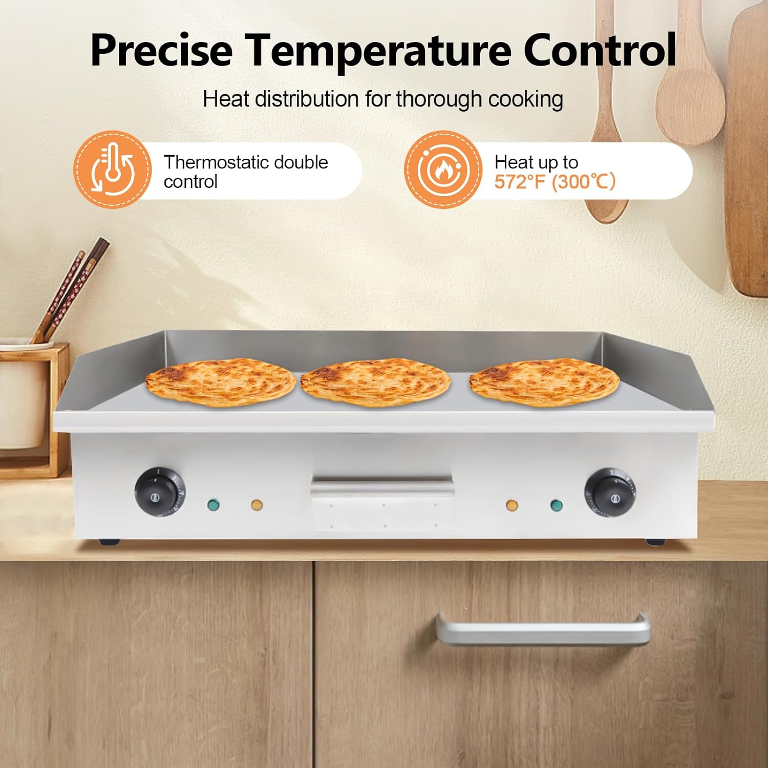 Commercial Electric Griddle, 110V 3000W Flat Top Grill Hot Plate BBQ, 29 Inch Large Non-Stick Stainless Steel Teppanyaki Griddle Countertop Griddle for Home & Restaurant