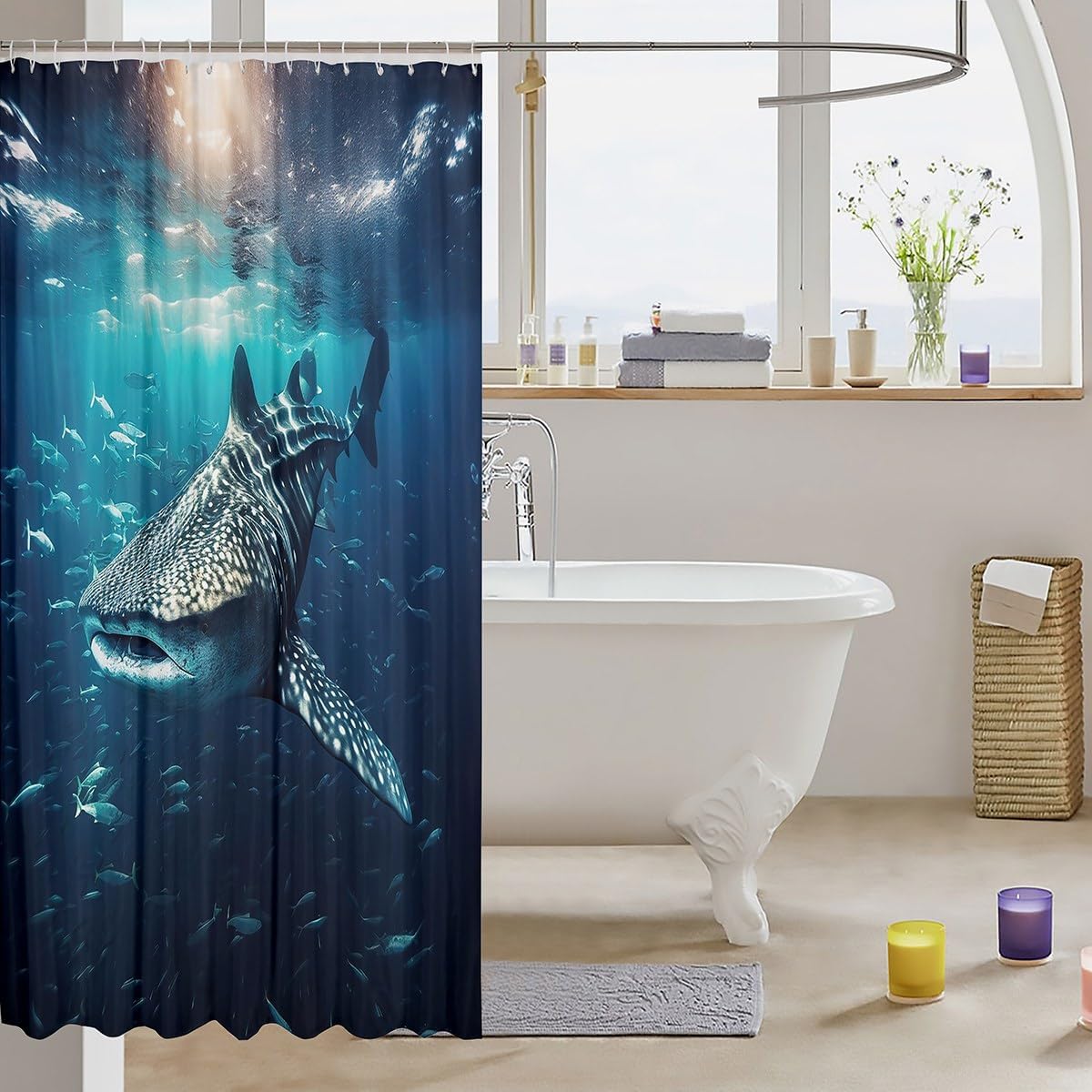 Feelyou Shark Bath Curtain Whale Shark Shower Curtain Ocean Marine Theme Shower Curtain for Stalls Bathtubs Room Decor Sea Underwater World Waterproof Bathroom Accessories 72x78 Inch