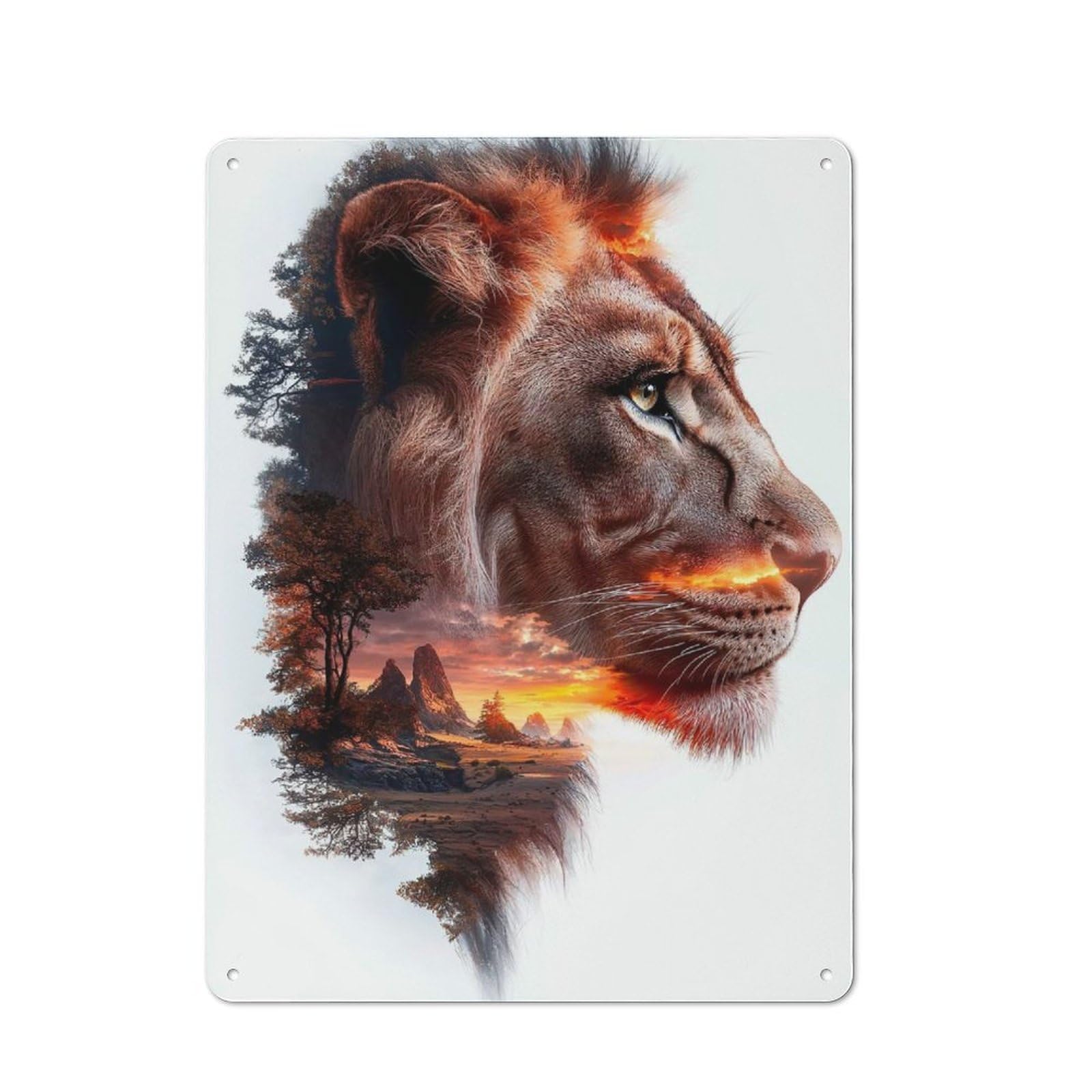 Lion Sunset Double Exposure Understated Metal Wall Decor 40x30cm, Decorative Metal Sign for Workspace, Cafe, Shop Or Desk Area