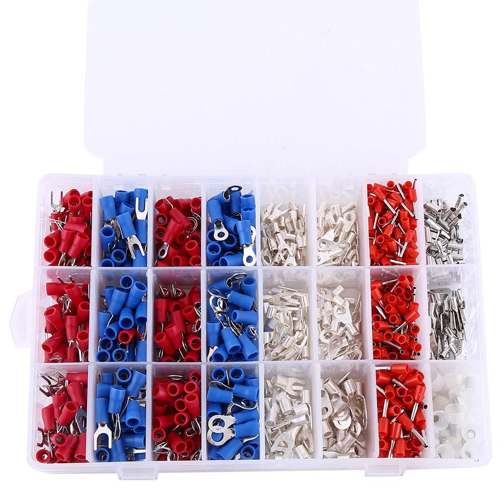 1000Pcs 24 Types Electrical Terminals Cable Wire Crimp Terminals Kit Cord Pin End Wiring Connectors Insulated Spade Fork Ring Assorted Set