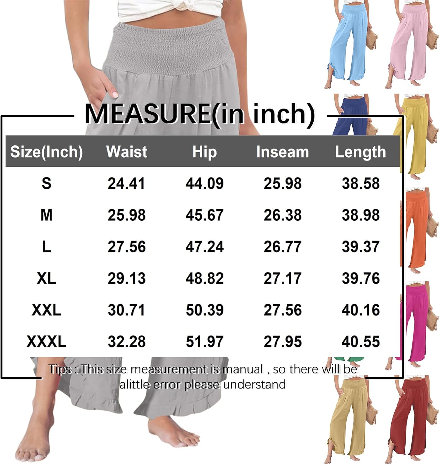 eoeioa Linen Pants Women Trendy Smocked Ruffled Hem Wide Leg Pants Casual Lightweight Summer Vacation Beach Trousers Pockets - Image 4