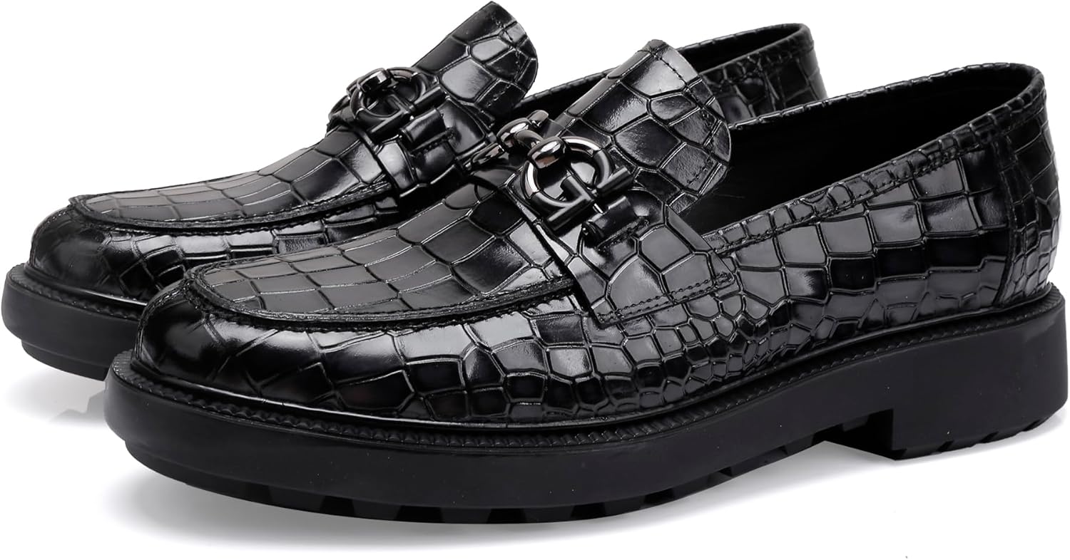 Premium Mens Leather Dress Shoes, Classic Casual Crocodile Printed Business Buckle Dress Slip on Penny Loafer Party Wedding Shoes for Mens, Black, 7