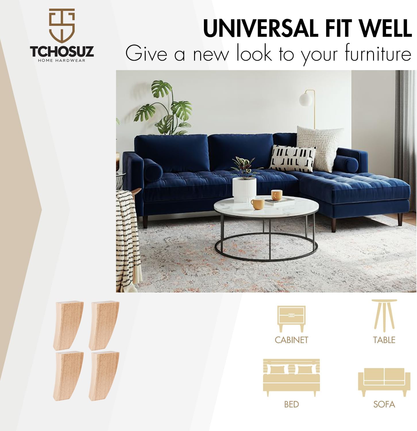 6 inch / 15cm Wooden Furniture Legs, Set of 4 Mid Century Modern Solid Wood Varnish Curved Pyramid Square DIY Replacement Feet for Sofa Couch Armchair Bed Recliner Riser