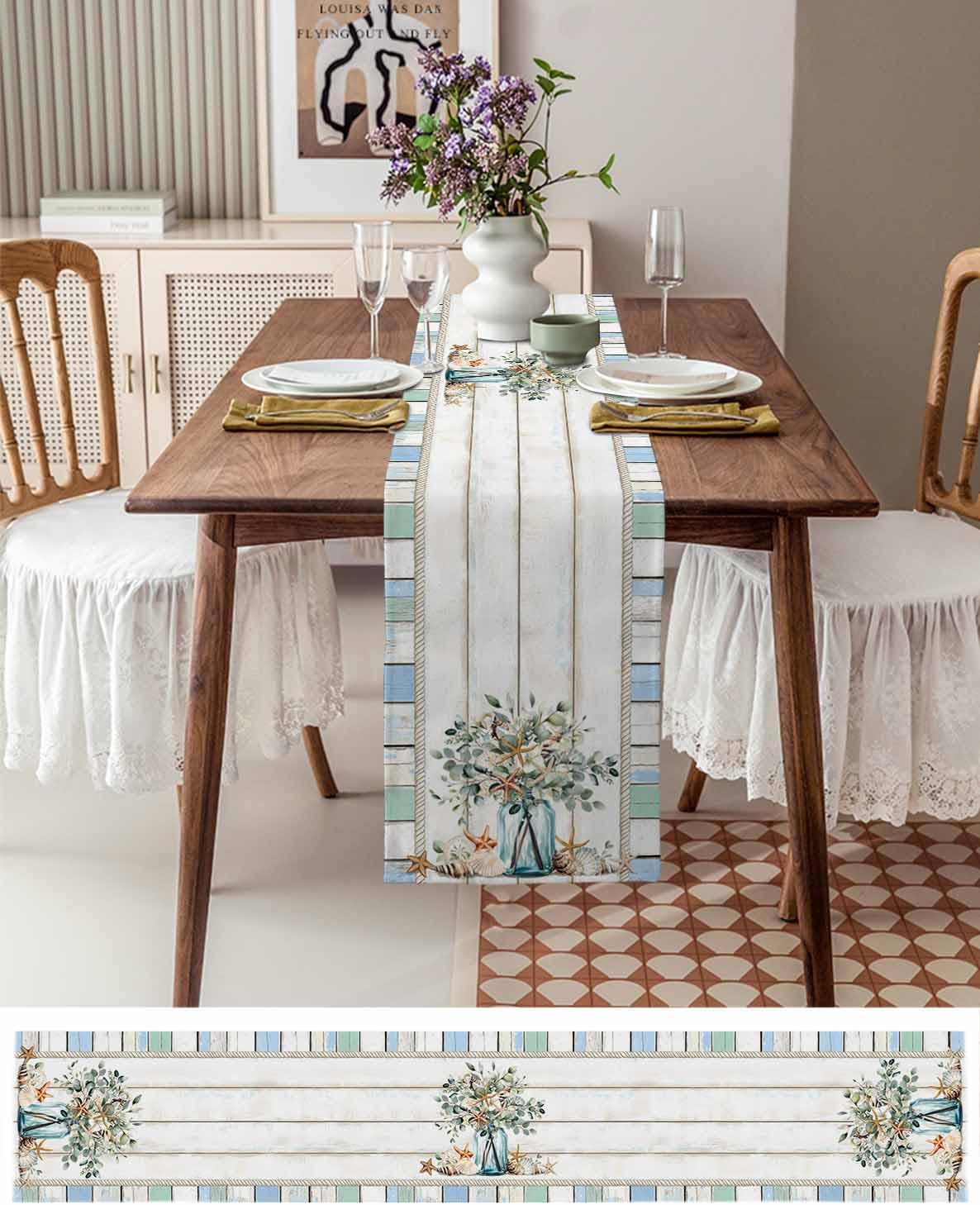 Shell Table Runner Eucalyptus Leaf Vase Flower Starfish Vintage Wood Texture Table Runners Dresser Scarves Kitchen Dining Table Decoration for Home Farmhouse Party Holidays 13"x72"