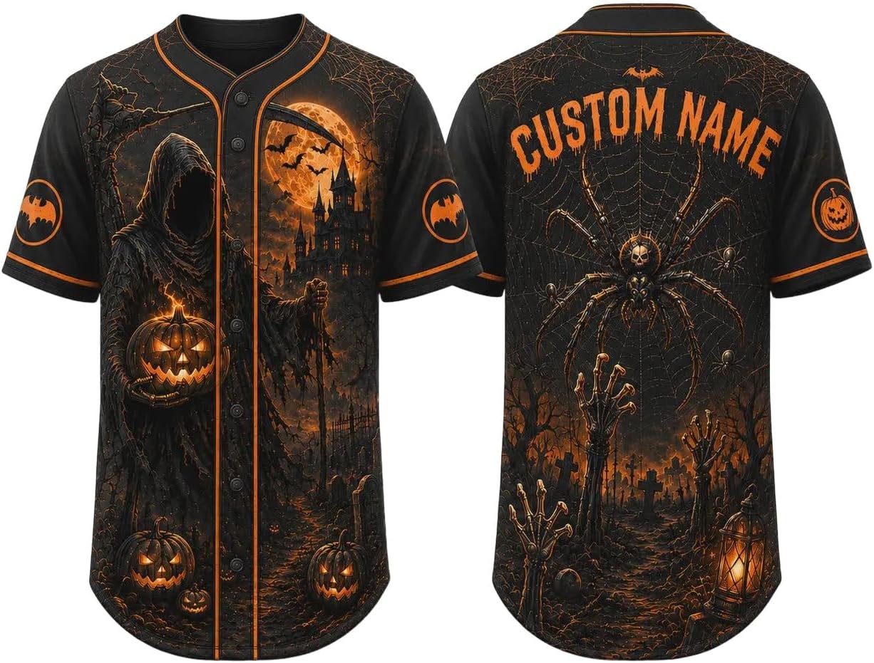 Custom Halloween Baseball Jersey for Men Women, Skull Pumpkin Reaper Shirt