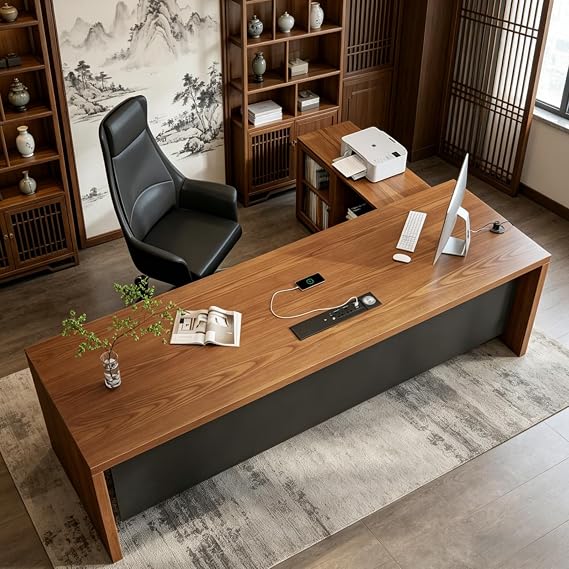 L Shaped Desk with Drawers, Executive Solid Wood L Shape Computer Desk with Rolling Drawers Unit, Corner Office Desk for Home Office Commercial Use Oak Left 78.7x30.3x29.5in/200x77x75cm