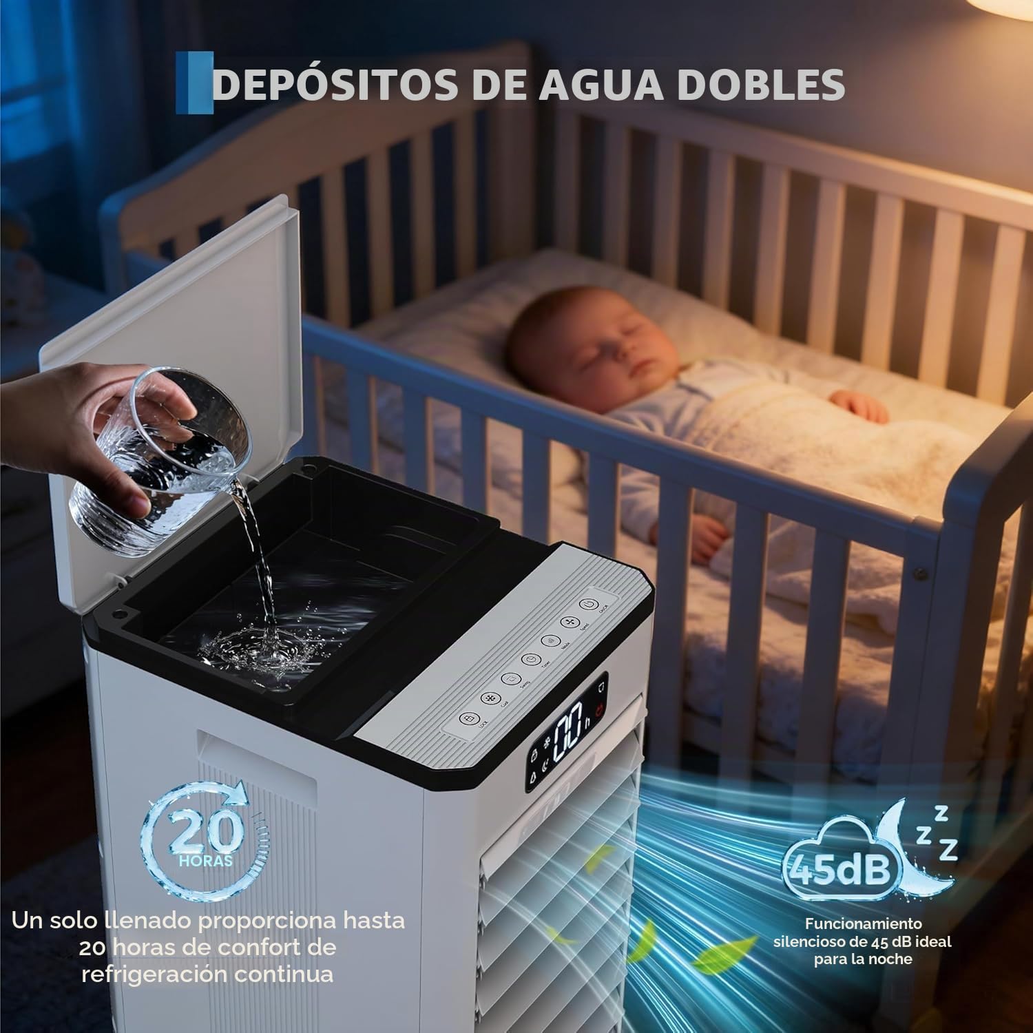 Aire Acondicionado Portatil Ventilador Silencioso 3 en 1, Enfriador de Aire sin Instalacion con 7L Tanque, Oscilación de 120°，Mando a Distancia – Blanco