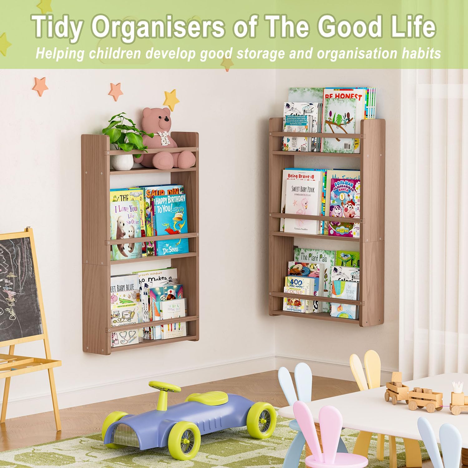 Wall Bookshelf for Kids, 3 Tier Nurser Shelves for Wall, 16.5 inch Floating Book Shelves for Wall Kids, Great for Bedroom, Living Room, Play Room and Nursery. (Brown, 3 Tier)