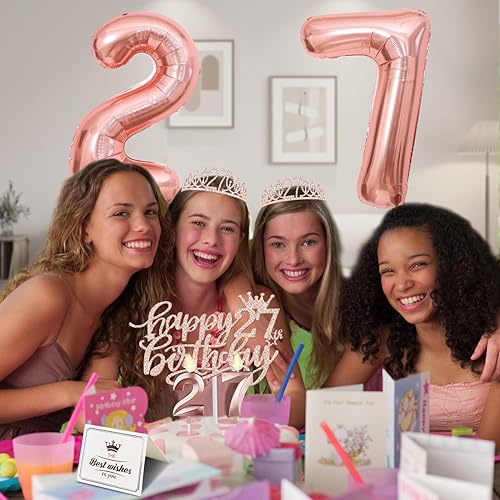 Miniatura 18 de Decoraciones de cumpleaños número 17 para niña, incluyendo tiara y banda de cumpleaños de 17, decoración para pastel y velas, globos de números