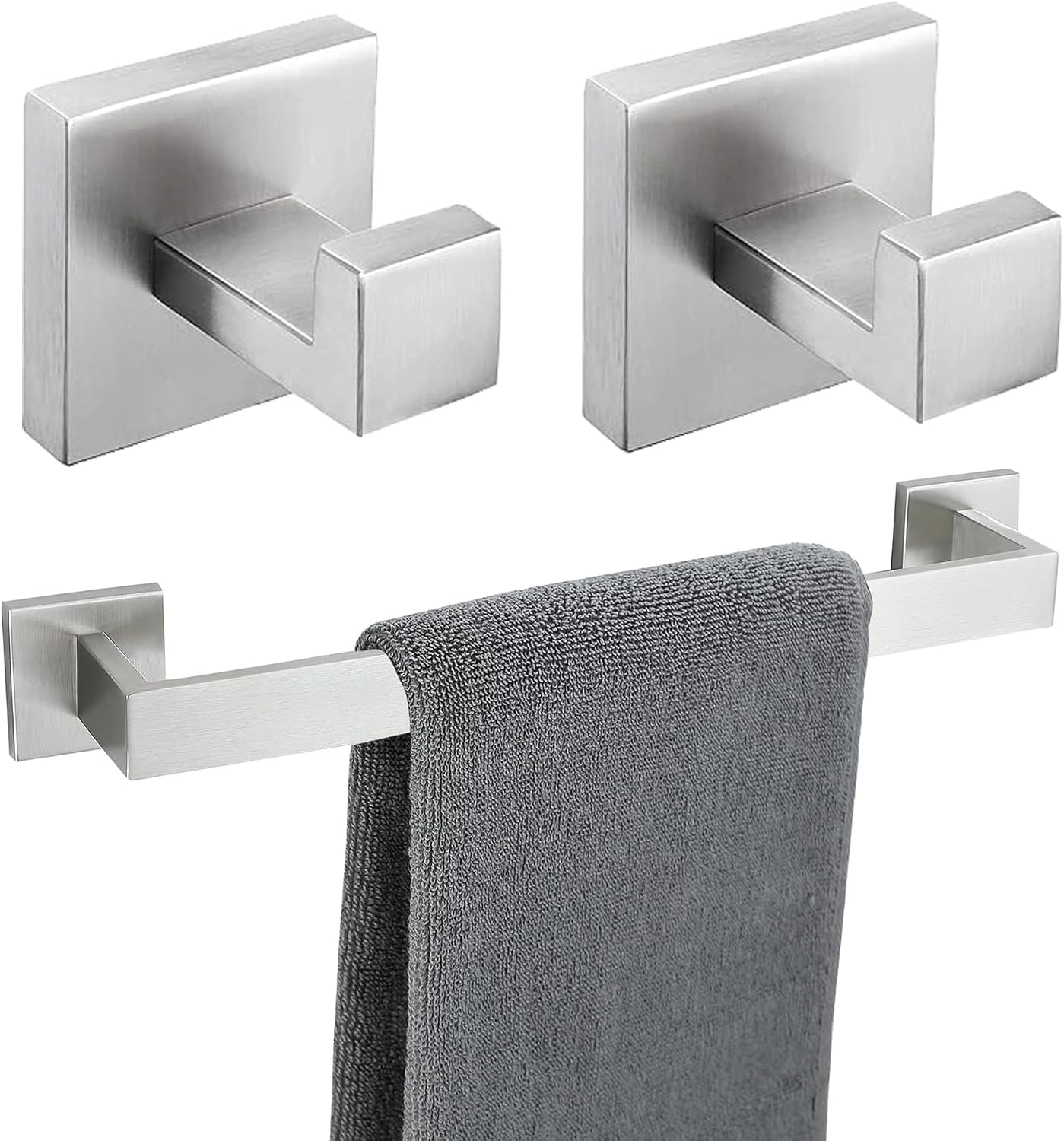 Brushed Nickel Bathroom Hardware Set 3 Pieces SUS304 Stainless Steel Square Wall Mounted Including 16Inch Towel Bar, Robe Towel Hooks,Bathroom Accessories Kit