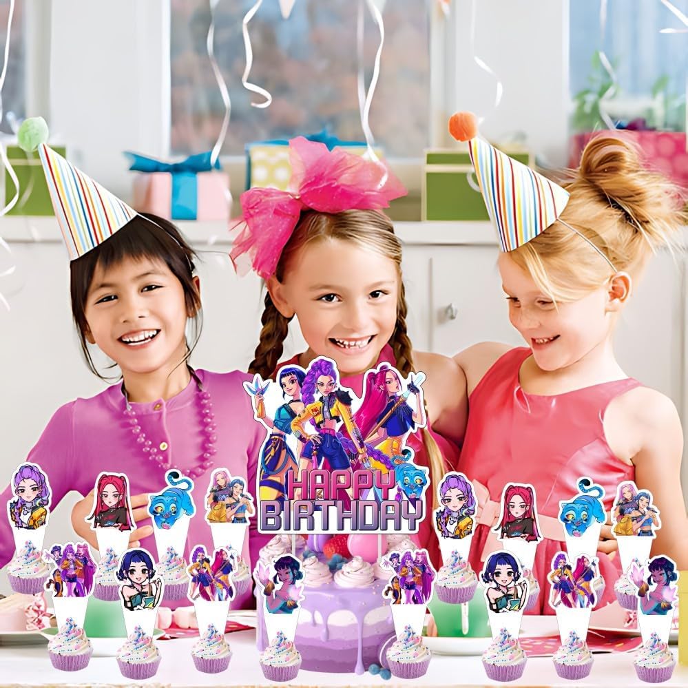 25pcs Demon Hunters Cake Decorations with 24pcs Cupcake Toppers, 1pcs Cake Topper for Demon Hunters Birthday Party Supplies Kids Birthday Decorations