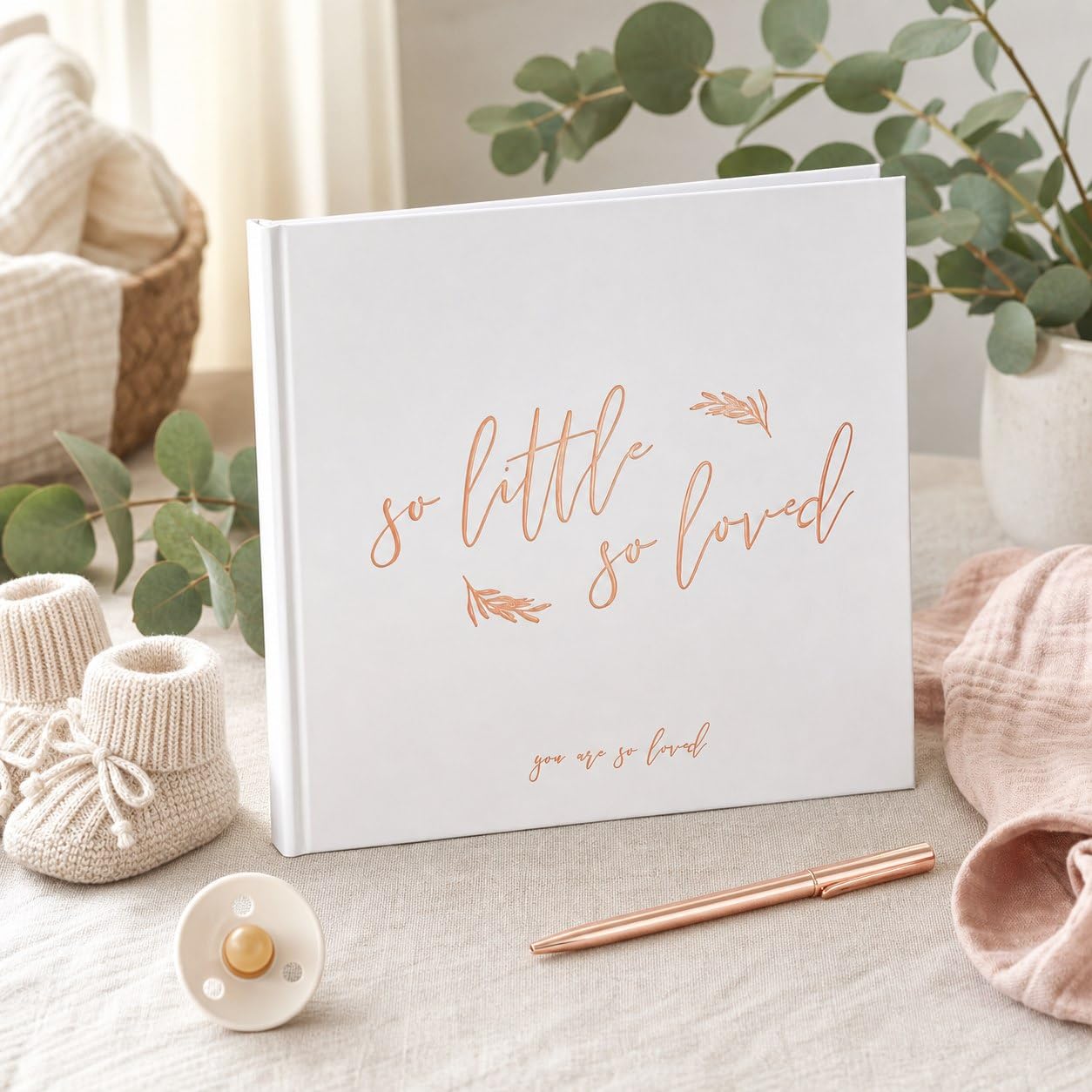 Calculs Baby Shower Picture Book Polaroid 'so little so loved' księga gości na imprezę album dla niemowląt, biała okładka, tłoczenie folią w kolorze różowego złota, puste białe strony