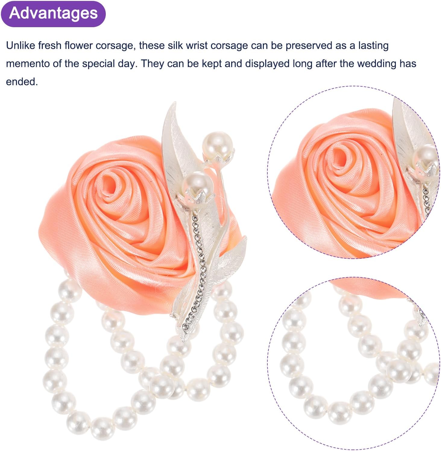 MECCANIXITY 2Pcs Wrist Corsage Artificial Flower with Faux Pearl Bracelets Rose Wrist Bride Groom Decorative for Wedding Ceremony Prom Party Anniversary, 2.4 x 2.8 Inch Coral Pink