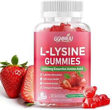 L-Lysine Gummies 1000mg Chewable L-Lysine Supplement for Adults & Kids, Essential Amino Acid Supplement for Lips & Oral Health, Immune Support, Strawberry Flavor, 60 Count