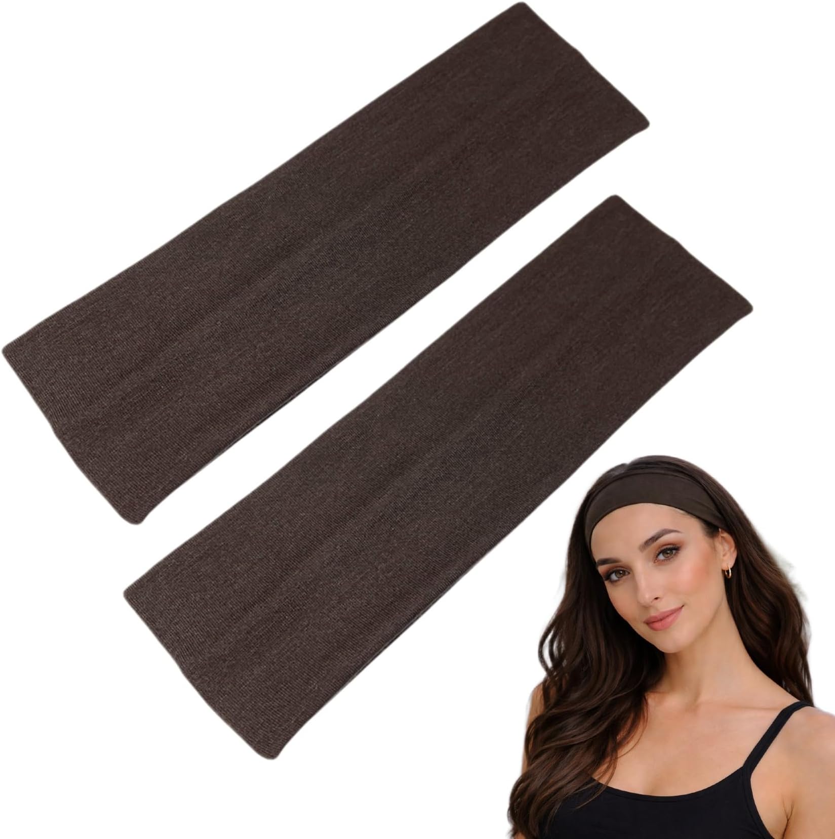 WESTEND CHOICE 7cm Wide Headbands 2 Pack Plain Stretchy Hairband Unisex Kylie Headband Bandeau Gym Exercise Headbands for Women & Men Soft Yoga Head Band (Dark brown)