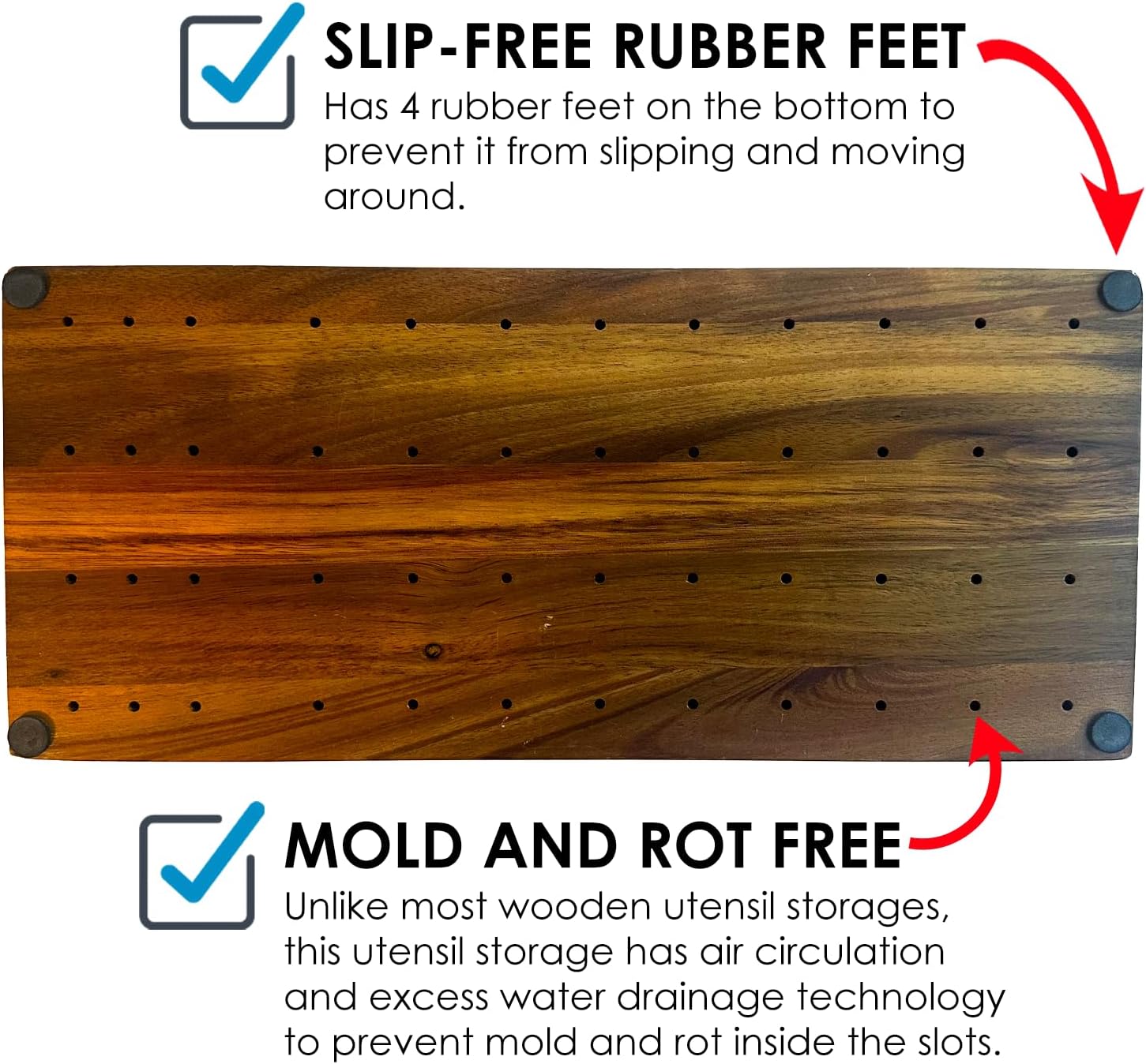 Kitchen Utensil Holder & Organizer with 6-Knife Storage Block - Wood - Countertop or Wall Mountable - Moisture & Water Resistant - Non-Slip Pads