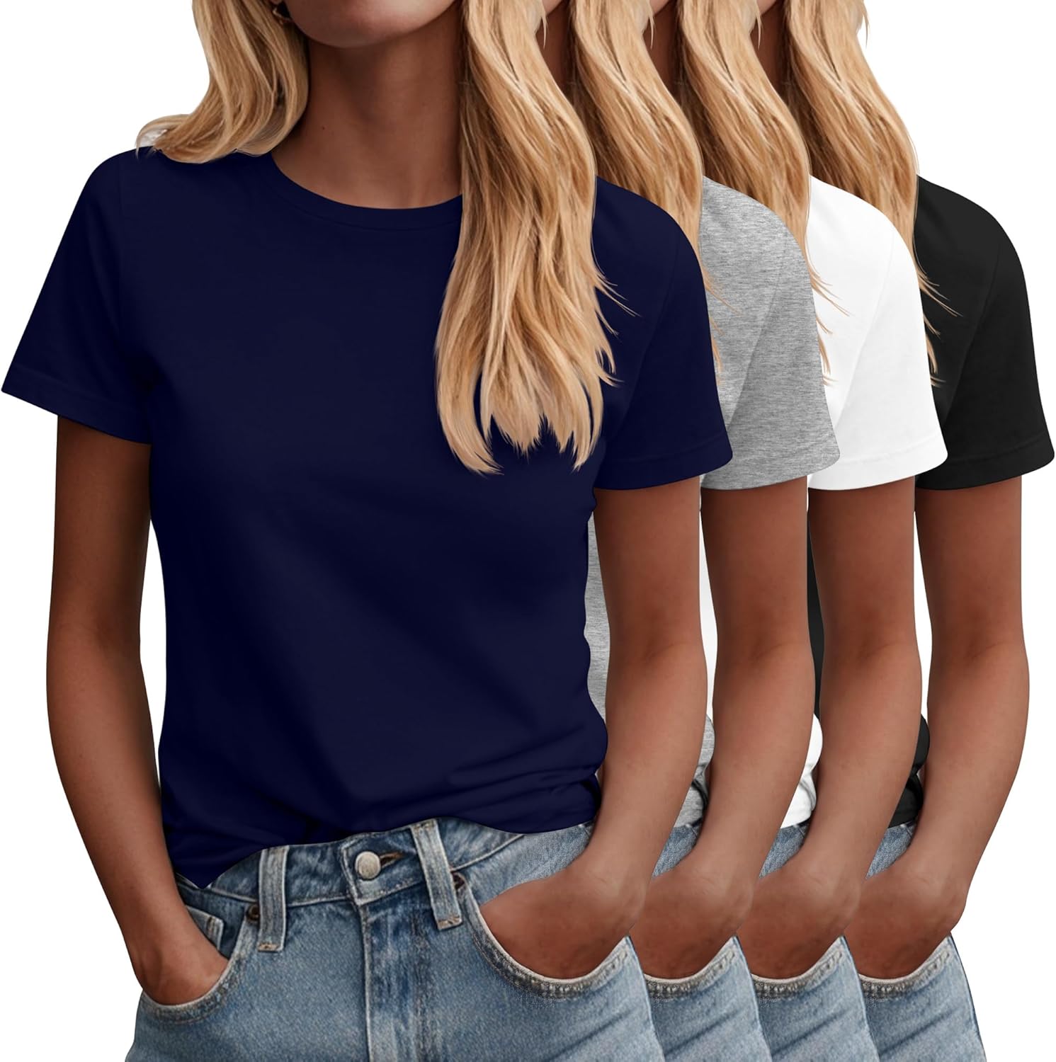 Neer 4 Pack Women's Crew Neck T Shirts Summer Short Sleeve Casual Basic Tops Loose Fit Flat Hem Tees