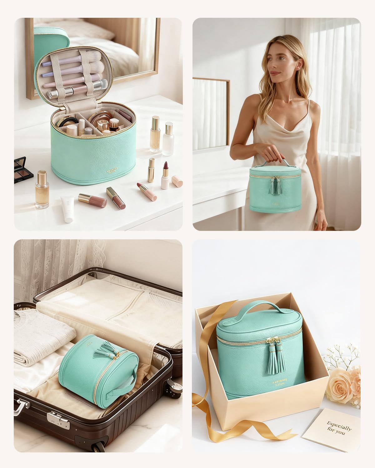 Wandering Nature Travel Makeup Bag for Women, Structured Vanity Case with Wipe-Clean EVA Interior & Removable Divider, Brush Loops, Fold-Flat PU Leather Makeup Case with Handle